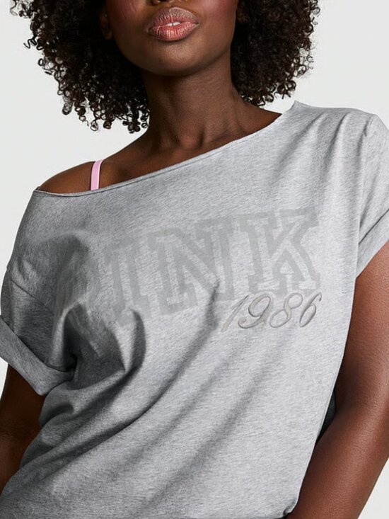 PINK Victoria's Secret Tops - PINK Victoria's Secret Campus Cotton Off-The-Shoulder Tee - Gray XL - NWT